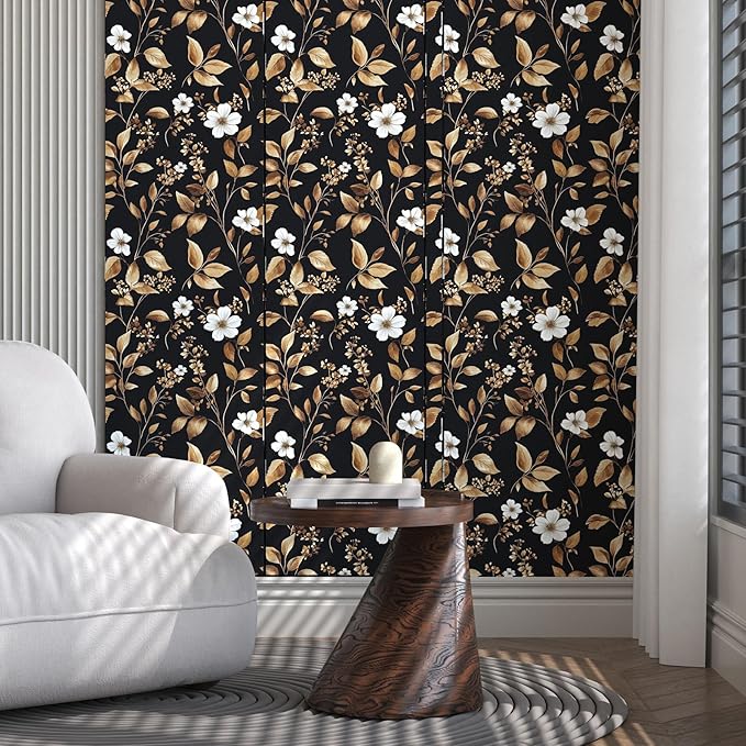 Vintage Black Peel and Stick Wallpaper – Black and Gold Floral Leaf Design Dark - Image 6