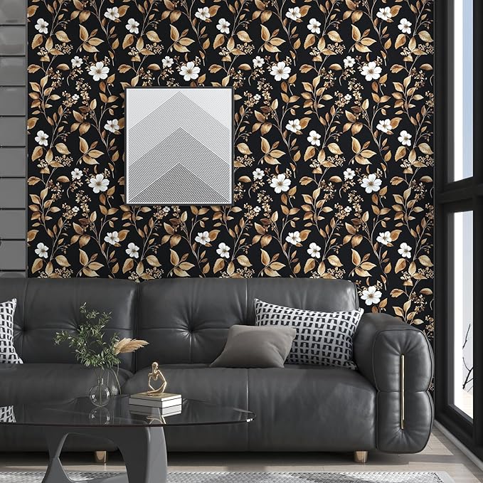 Vintage Black Peel and Stick Wallpaper – Black and Gold Floral Leaf Design Dark - Image 5