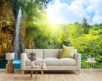 -Green Lake Waterfall Scenery Fabric Wallpaper Living Room Woodland Forest - Image 2