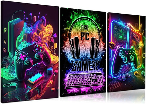 3Pcs Cool Gaming Wall Art Retro Video Gamer watercolor Posters Pictures by PPV