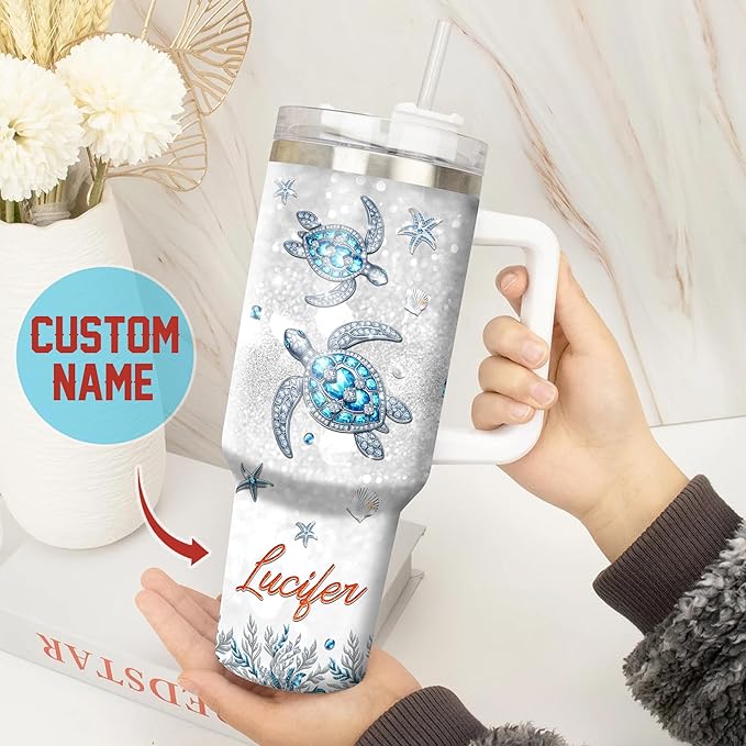WAZONE Personalized Sea Turtle Tumbler 40oz with Handle and Straw Custom Name Jewelry Style Life Is Like The Ocean Novelty Insulated Cup Stainless Steel Gifts for Women Animal Turtles Lovers