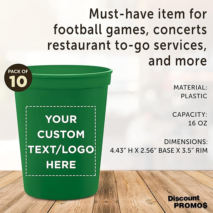 DISCOUNT PROMOS Custom Plastic Stadium Cups 16 oz. Set of 10, Personalized Bulk Pack - Perfect for Birthdays, Weddings, Picnic, Beach, Parties - Kelly Green