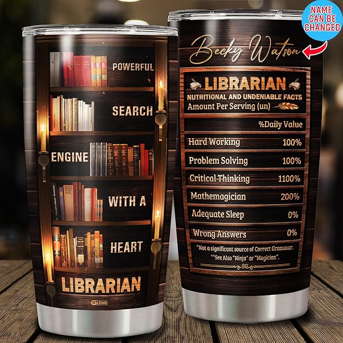 WAZONE Personalized Librarian Coffee Tumbler 20oz 30oz Custom Name Vintage Stainless Steel Cup Insulated Bookish Gifts Bookaholic Travel Mug For Women Book Lover Librarians Library Workers