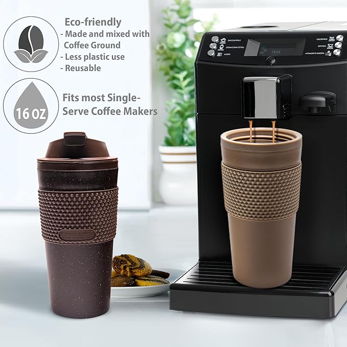 16 oz Coffee Tumbler Set, 2 Pack, Made with Real Coffee Grounds, Detachable & Insulated Double Wall, Cup Holder Ready, Dishwasher and Microwave Safe, Leak Proof Lid, BPA Free, Brown
