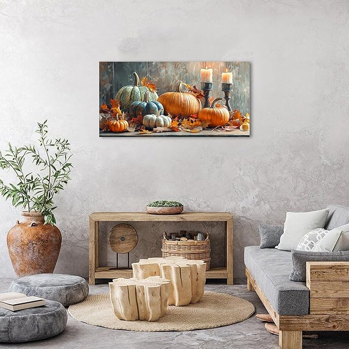 Farmhouse Kitchen Decor Pumpkin Wall Decor Maple Leaves Painting White Orange - Image 2