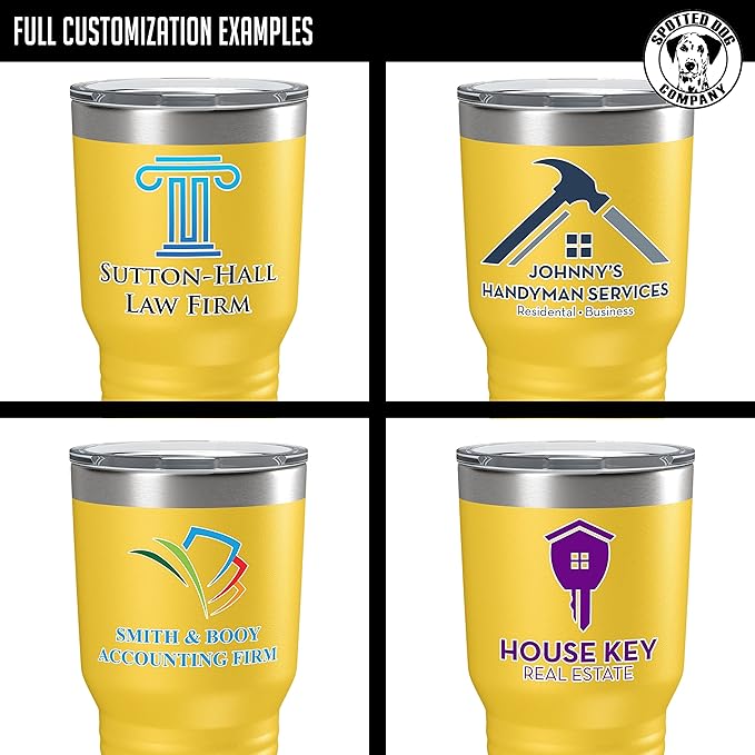 Personalized 30oz (17 Colors) Printed Insulated Stainless Steel Powder Coated Tumbler with Lid - Custom Bulk Promotional Items with your Logo - Bulk Company Small Business Party Favors (Yellow)