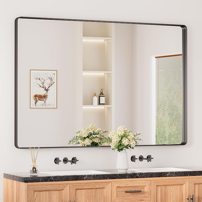Keonjinn Black Bathroom Mirror for Over Sink, 60 x 40 Inch Large Rounded by Keonjinn