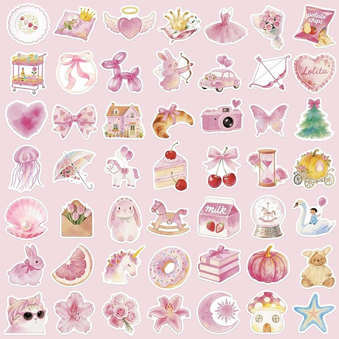 100 PCS Girl's Pink Aesthetic Stickers, Waterproof Vinyl Stickers for Water Bottles,Laptop Scrapbook Journaling Decorative Decals for Kids Teens Woman Adults