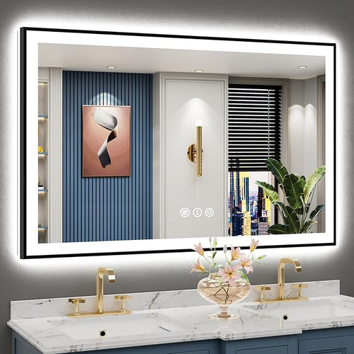 50x32 Black Framed LED Bathroom Mirror by Awandee