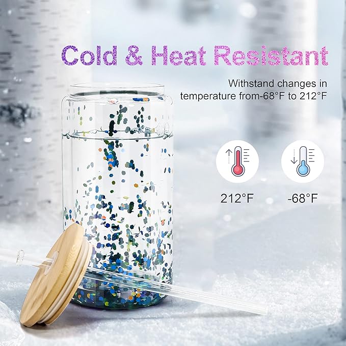 16oz SnowGlobe Cups, 25pack Sublimation Snowglobe Cup with Bamboo Lids and Straws, Double Walled Glass Mug Bulk, Pre Drilled Glass Blank for Snow Globe Glitter, Individual Packaging