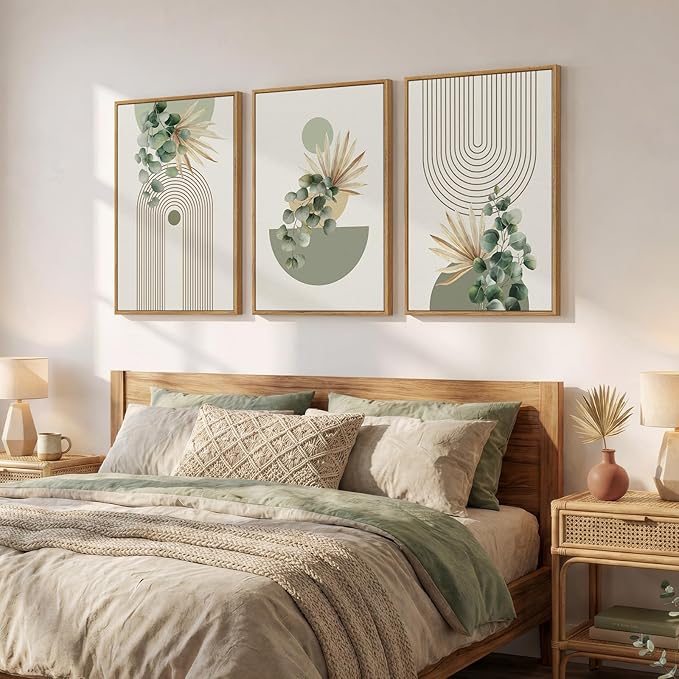 Framed Green Boho Wall Art for Living Room, 3 Piece Bohemian Botanical Canvas - Image 2