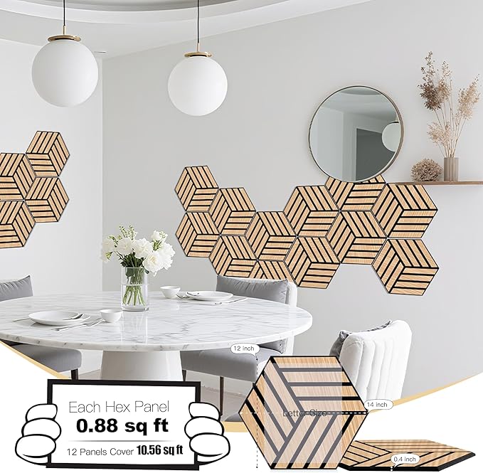 Mollywell Acoustic Panels, PVC Wood-Grain, 14x12 Inch Hexagon Carved Sound - Image 2