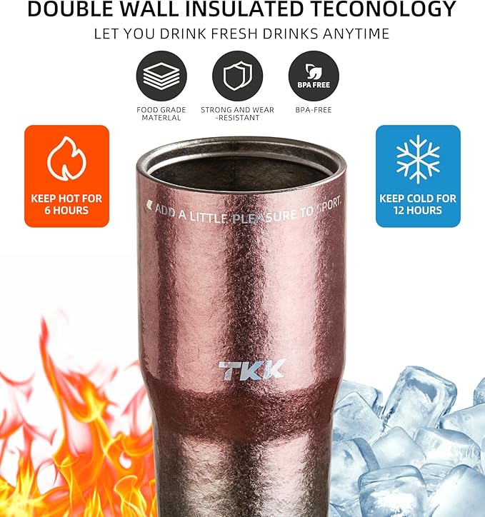 TKK 24oz Pure Titanium Inner Tumbler with Straw Lid, Vacuum Insulated Cup Leakproof Double Walled Travel Mug with Handle, Dishwasher Safe for Hot/Cold Drinks, Titanium Pink