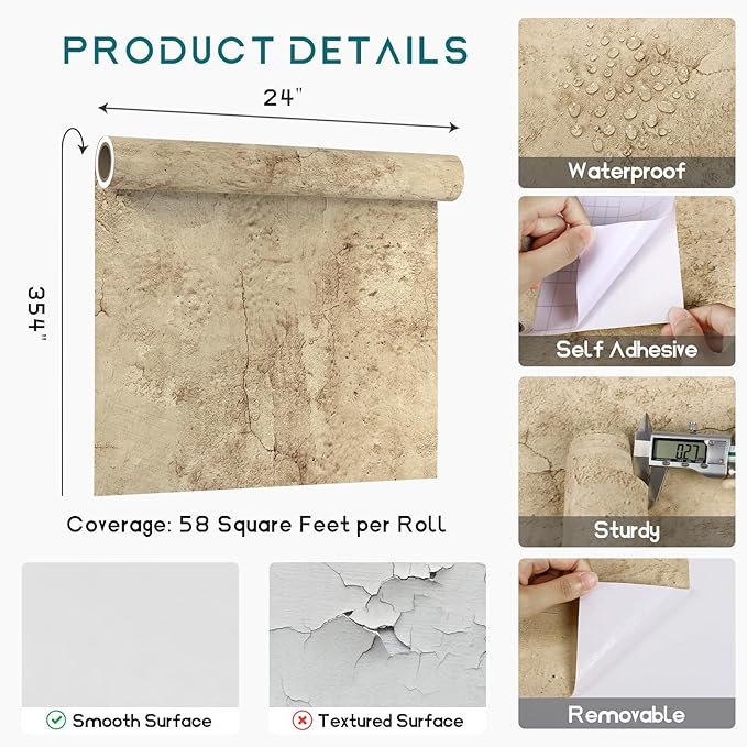 VEELIKE Aged Tan Concrete Wallpaper Peel and Stick Removable Distressed Beige - Image 8