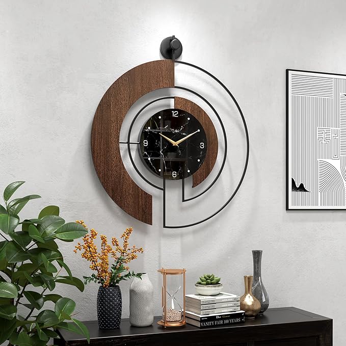 Modern Walnut Marble Dial Wall Clock, Large Wood Metal Frame Silent Non Ticking - Image 3