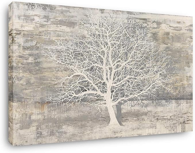 Yihui Arts Tree Of Life Canvas Wall Art Hand Painted Grey White Beige Paintings by YihuiArts