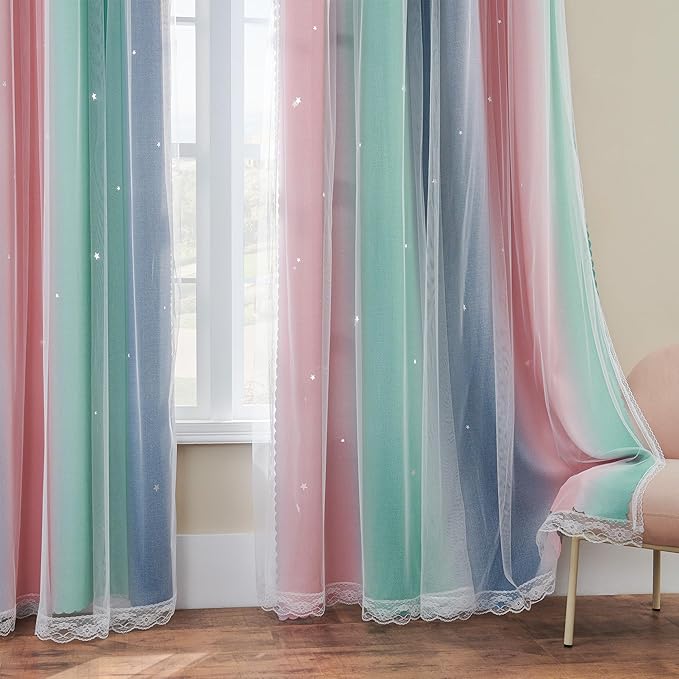 XiDi Curtains for Bedroom Decor, Rainbow Pinkgreen grey52/54 - Image 4