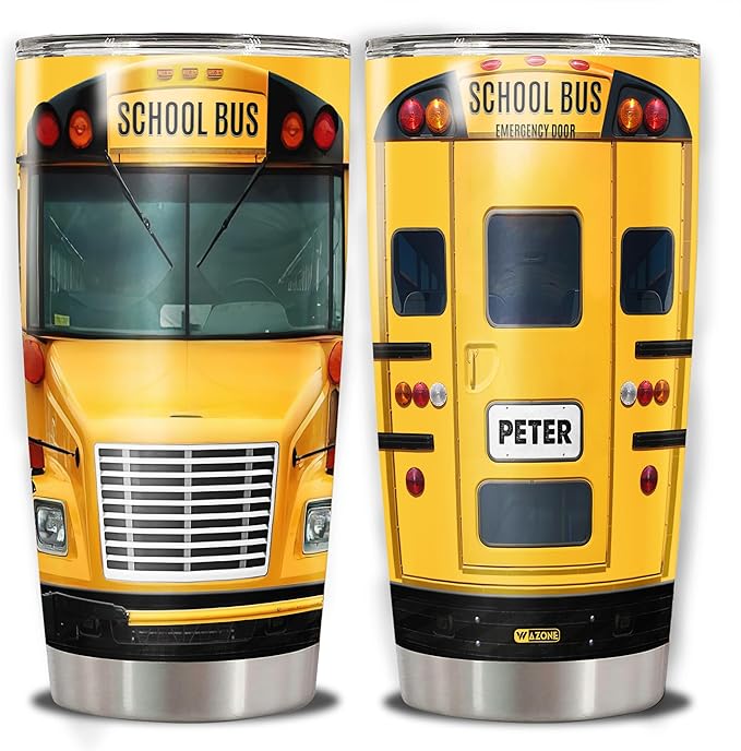 WAZONE Personalized School Bus Tumbler With Lid 20Oz 30Oz Custom Name Stainless Steel Vacuum Insulated Cup Novelty Funny Things Travel Mug Gifts Birthday Christmas For Men Driver Husband Him