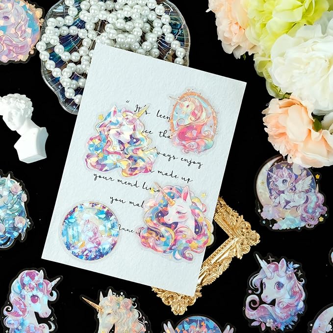 30-Piece Holographic Foil Unicorn Scrapbook Stickers - Transparent Waterproof Fantasy Colorful Unicorn Decals for Journaling, Resin Art Crafts, Gifts