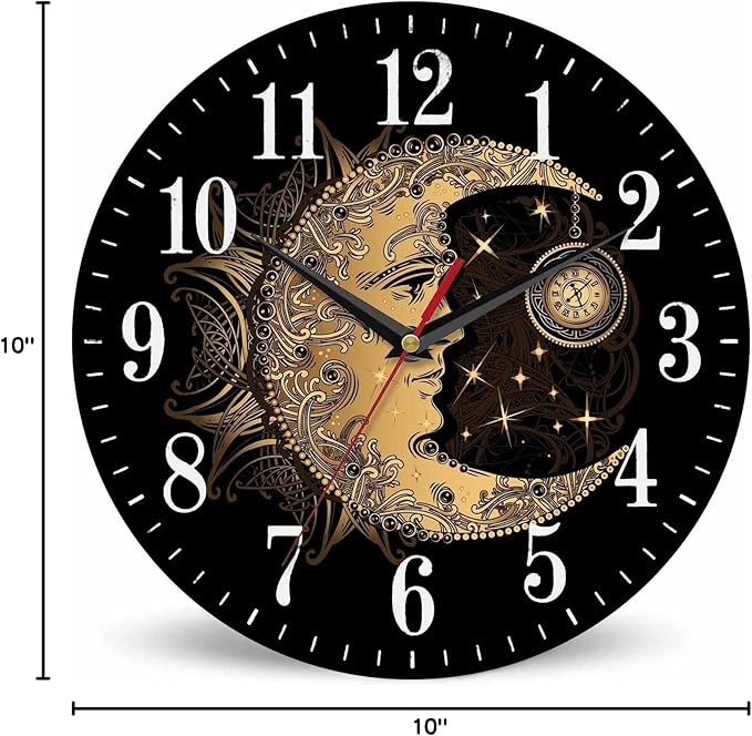 Mxocom Crescent Moon Wall Clock Boho Chic Golden Sun Ethnic Retro Night Black - Image 8