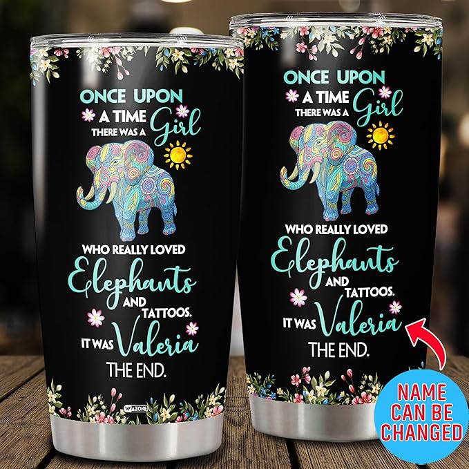 WAZONE Personalized Elephant Tumbler Customize Name A Girl Who Loved Elephants Vacuum Insulated Cup With Lid 20oz 30oz Stainless Steel Travel Coffee Mug Gift Birthday Christmas For Women Her