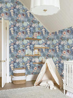 Ismoon Floral Peel and Stick Wallpaper Vintage Blue Contact Paper Jellyfish - Image 6