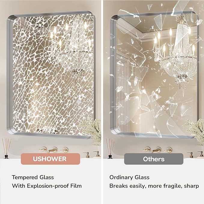 USHOWER Brushed Nickel Bathroom Mirror 24"x36", Rounded Corner, Aluminum Frame - Image 3