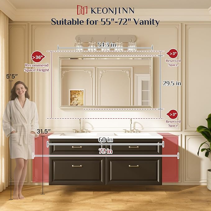Keonjinn 55" x 30" Black Bathroom Vanity Mirror, Beveled Edge Tempered Glass - Image 2
