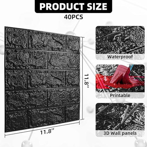 40 PCS 3D Wall Panels Peel and Stick Faux Foam 11.8"*11.8" Black Brick Wallpaper - Image 2