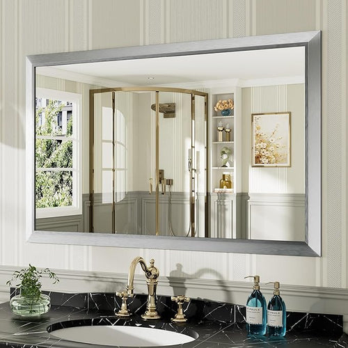 48x30 Inch Brushed Silver Bathroom Mirror by Briivuemodernmirrors
