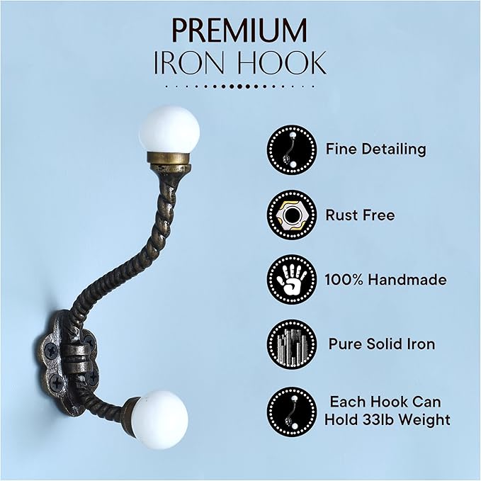 Indian Shelf Pack of 12 Heavy Duty Double Prong White Decorative Coat Hooks - Image 6