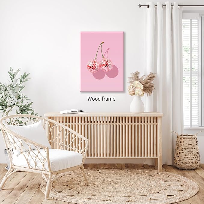 Funky Pink Cherry Poster Retro Disco Ball Canvas Wall Art 08x10 inch Framed - Image 5