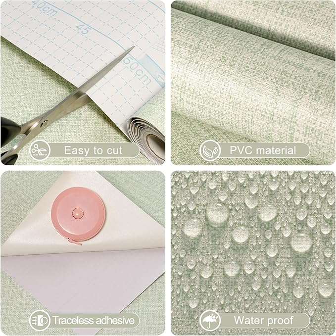 Amiya Grasscloth Wallpaper Sage Green Peel and Stick Faux Fabric Linen Contact - Image 3