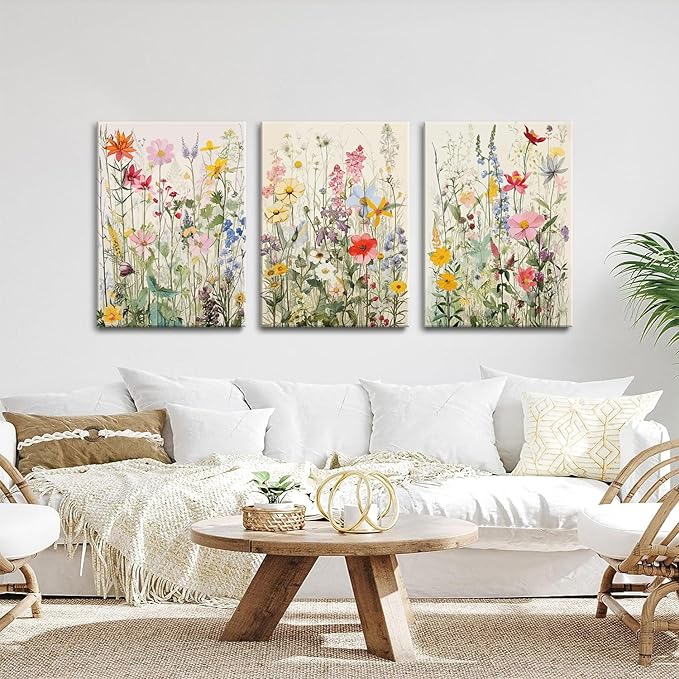 KISSFOX 3 Piece Watercolor Flower Framed Wall Art Decor Colorful Botanical - Image 2