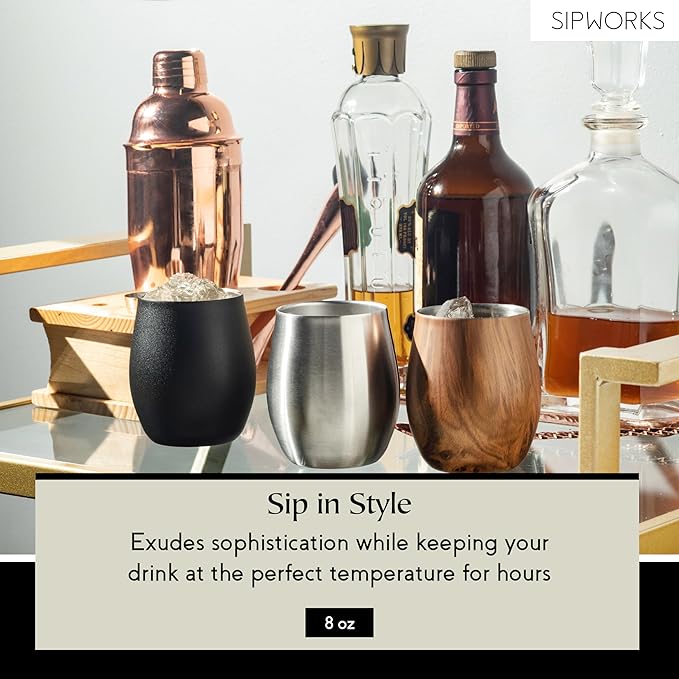 Sipworks Insulated Whiskey Tumbler - 8 oz Stainless Steel Bourbon Lowball Tumbler with Double Walled Vacuum Insulation - Spill Resistant Cocktail Nosing Glass Mug | Travel & Parties - Steel
