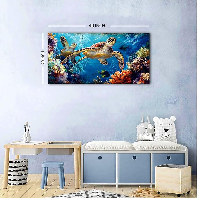 Sea Turtle Wall Art Ocean Bathroom Decor Colorful Fish Coral Landscape Canvas - Image 3