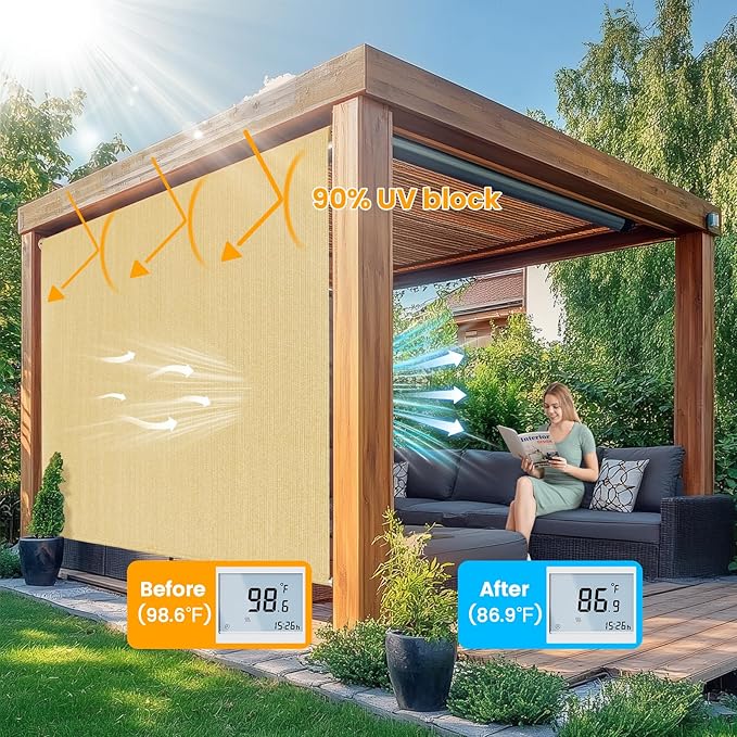 6'W x 8'H Sesame Patio Shades Roll up Outdoor Roller Shade Crank Wand Blind - Image 2