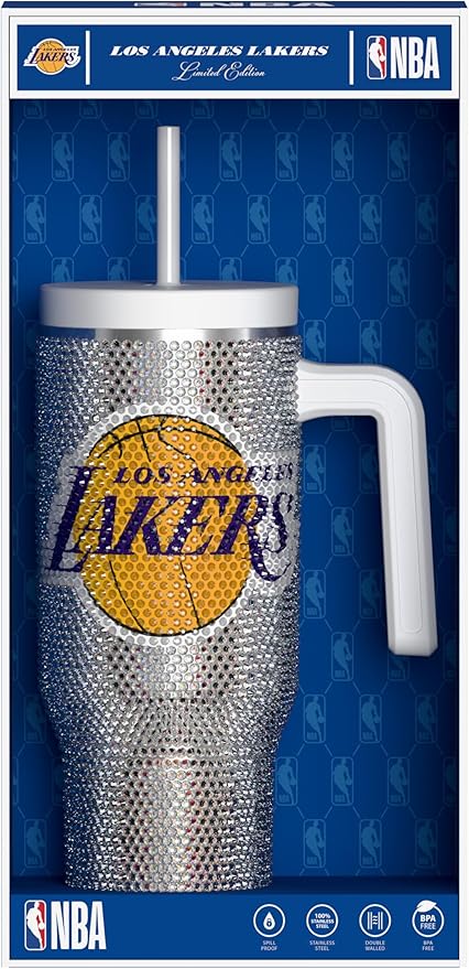 Hydrapeak x NBA Officially Licensed Los Angeles Lakers Voyager 40 oz Stainless Steel Bling Tumbler with Handle, Insulated Rhinestone Water Bottle With Straw & Lid, Includes Gift Box