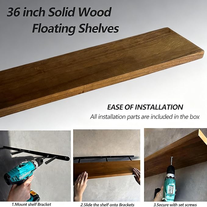 ROGMARS 36 Inches Long Walnut Floating Shelves, Rustic Solid Wood Farmhouse - Image 2