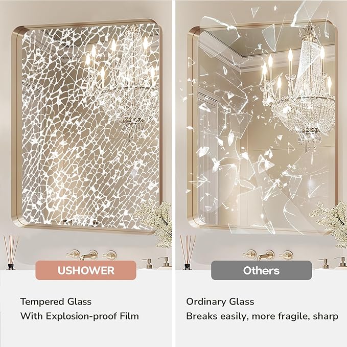 USHOWER Gold Bathroom Mirror 22"x30", Brushed Gold Rectangle Mirror - Image 5