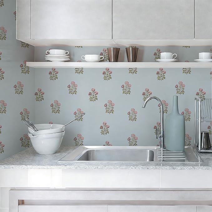 17.3" x 393.7" Vintage Blue Floral Wallpaper Peel and Stick Boho Wallpaper - Image 8