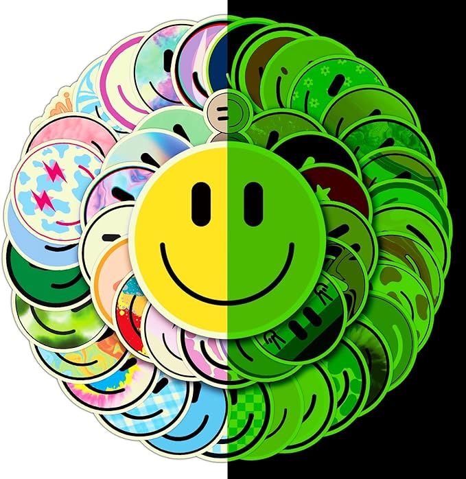 50PCS Smiling Glow in The Dark Stickers, Cute Water Bottle Stickers for Kids, for Teaching Rewards, Notebooks, Stationery, Luggage, Cartoon PVC Happy Stickers