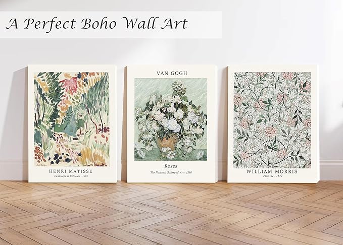 Induslyfe Framed Sage Green Vintage Wall Art Canvas Decor Set of 3, Matisse - Image 3