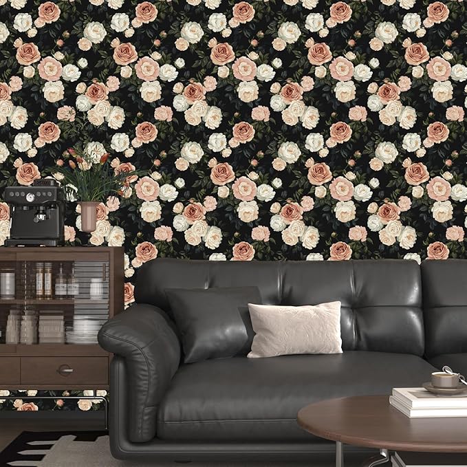 Pink White Rose Peony Wallpaper Peel and Stick Black Floral 17.5in x 393in - Image 3
