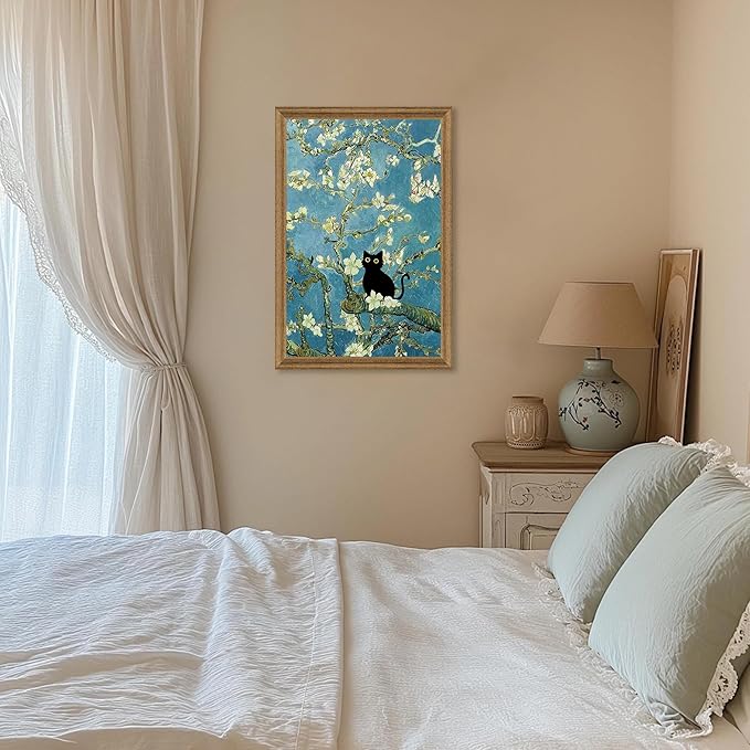 Fantasy Artists Van Gogh's Almond Blossom Funny Black Cat Canvas Wall Art - Image 3