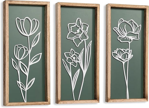 3D Floral Green Wall Art Lightweight, Wooden Ready-to-Hang Boho Framed Wall Art by TideandTales