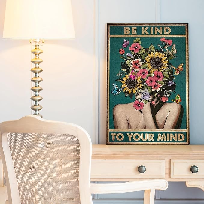 DIHSIEG Floral Canvas Wall Art Be Kind to Your Mind Vintage Poster Rimless - Image 7