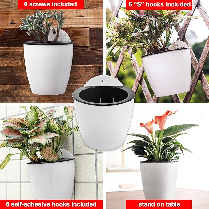 6 Pack White Hanging Planter Pots Self Watering Vertical Garden Wall Mount - Image 9