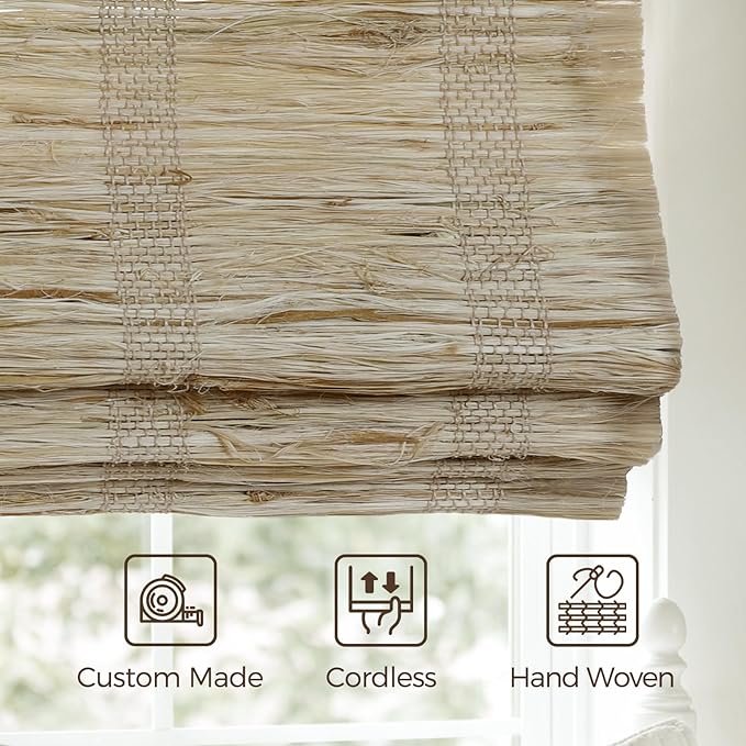 TWOPAGES Natural Woven No Drill Roman Shades, Custom Cordless Light Filtering - Image 4