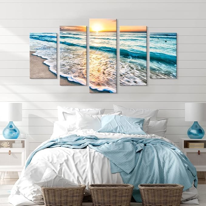 Goldfoilart 5 Pieces Beach Coastal Wall Art Sea Sunset Seascape Pictures Ocean - Image 2